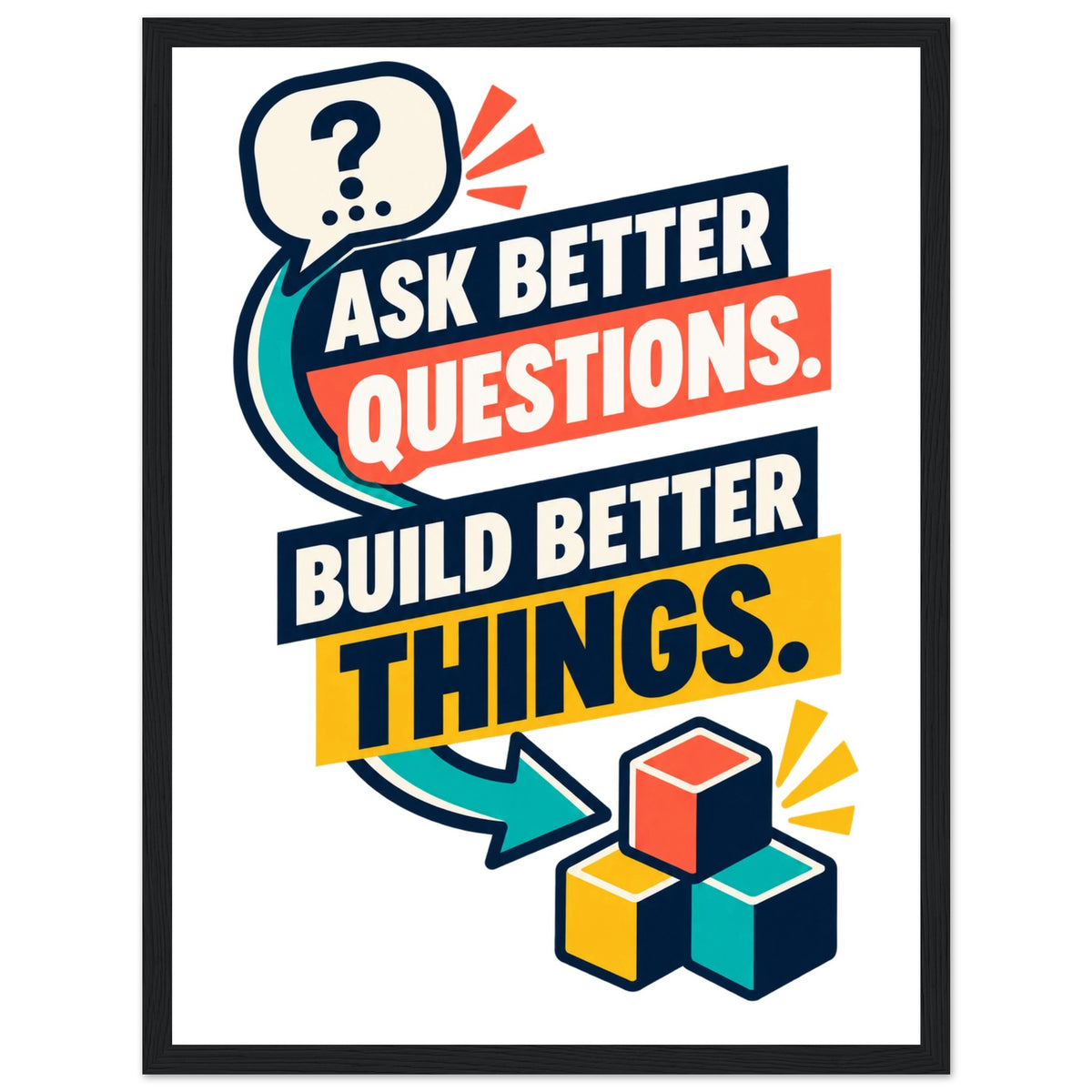 Ask Better Questions, Build Better Things - 30x40 cm, Premium Matte Paper Wooden Framed Poster, Black frame - Ready-to-hang - Quip & Grain