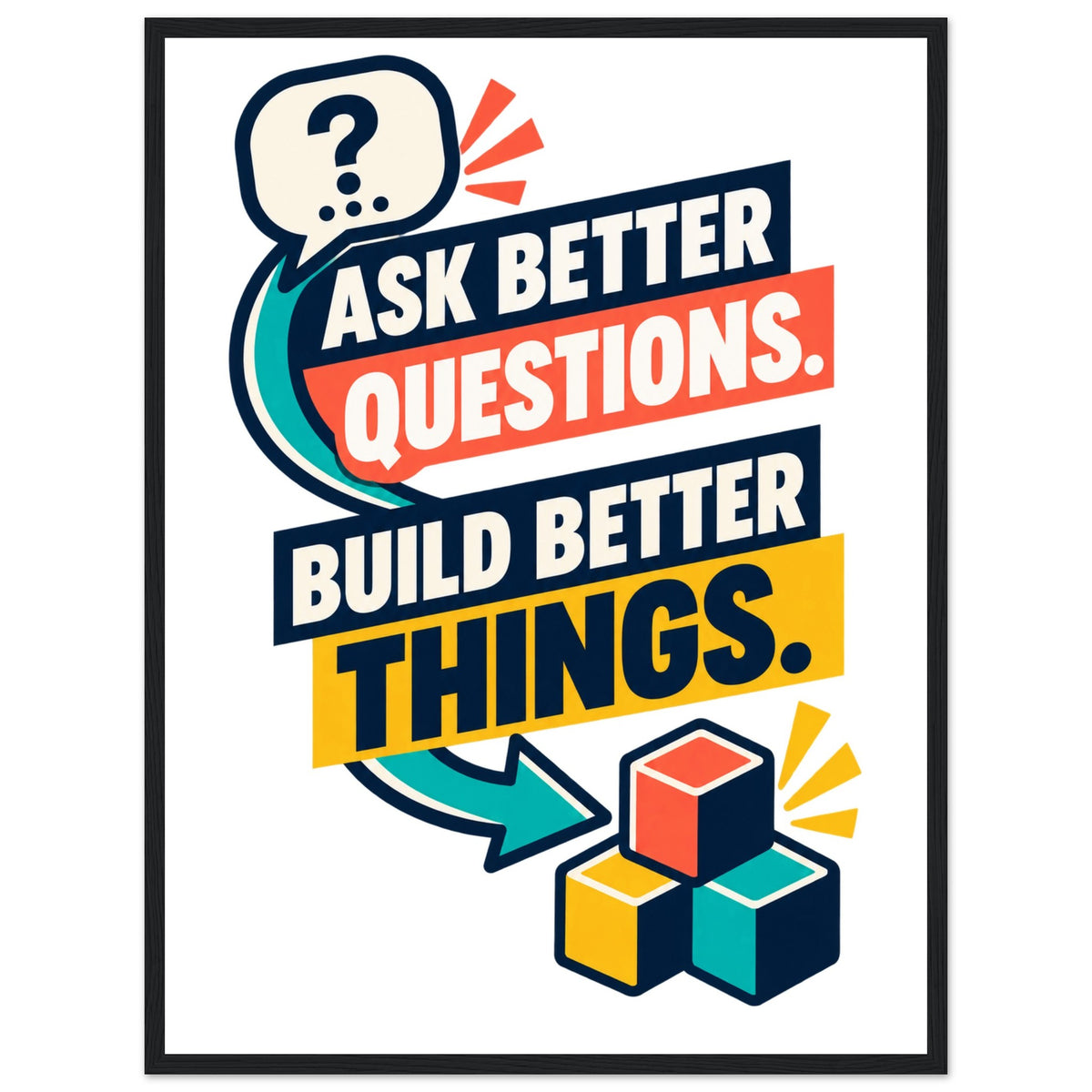 Ask Better Questions, Build Better Things - 45x60 cm, Premium Semi-Glossy Paper Wooden Framed Poster, Black frame - Ready-to-hang - Quip & Grain