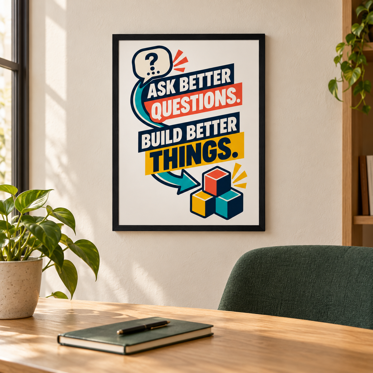 Room styling illustration of Ask Better Questions, Build Better Things in a black frame above a meeting table. Setting and scale are illustrative.
