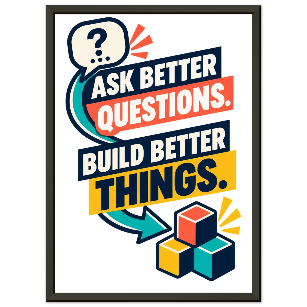 Ask Better Questions, Build Better Things - 21x29.7 cm, Classic Semi-Glossy Paper Metal Framed Poster, Black frame - Quip & Grain