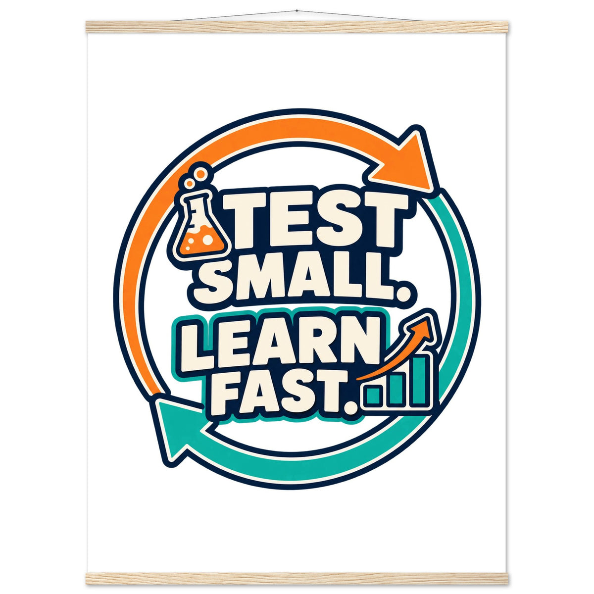 Test Small, Learn Fast - 75x100 cm, Classic Semi-Glossy Paper Poster with Hanger, Natural wood wall hanger - Quip & Grain