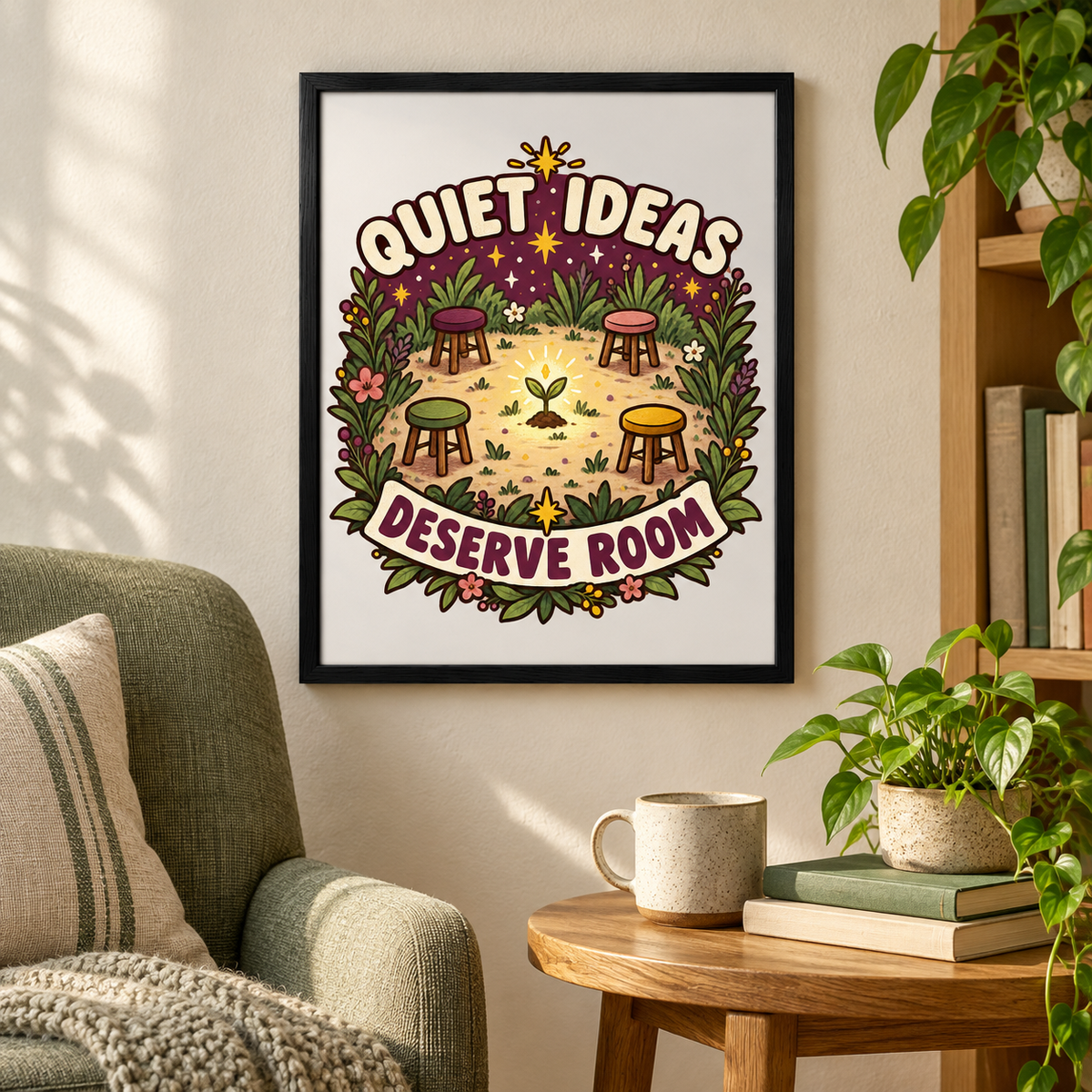 Room styling illustration of Quiet Ideas Deserve Room in a black frame beside a green chair and plants. Setting and scale are illustrative.